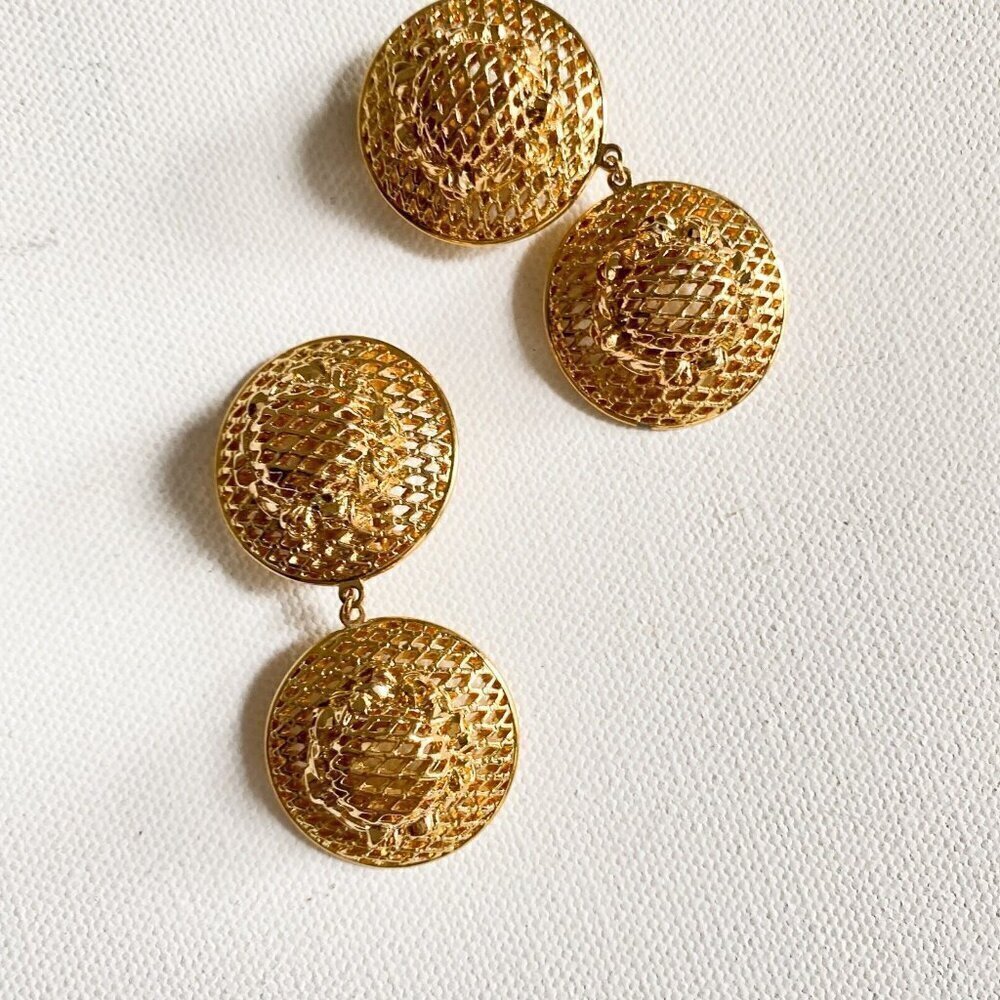 Vintage Nina Ricci Gold Tone Braided Woven Chunky Clip on Earrings